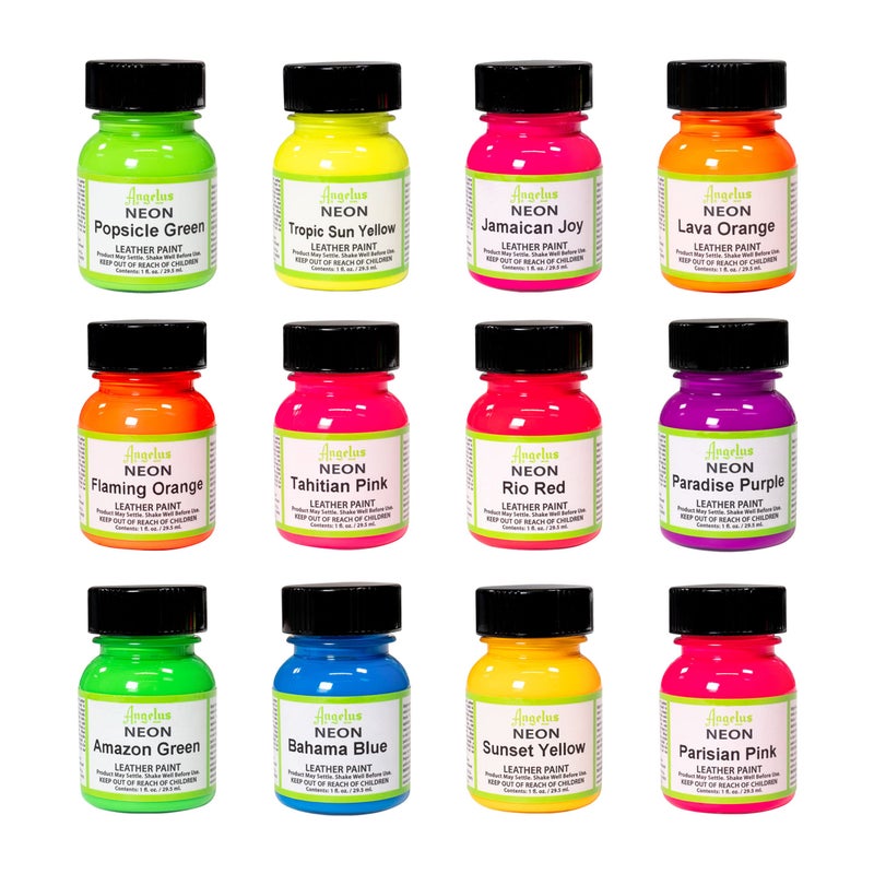 Angelus Neon Acrylic Leather Paint Set 12 Vibrant Colors 1 oz Each NonToxic Leather Canvas Wood Paints for Customization and Crafting Flexible Mixable Made In USA - Image 2