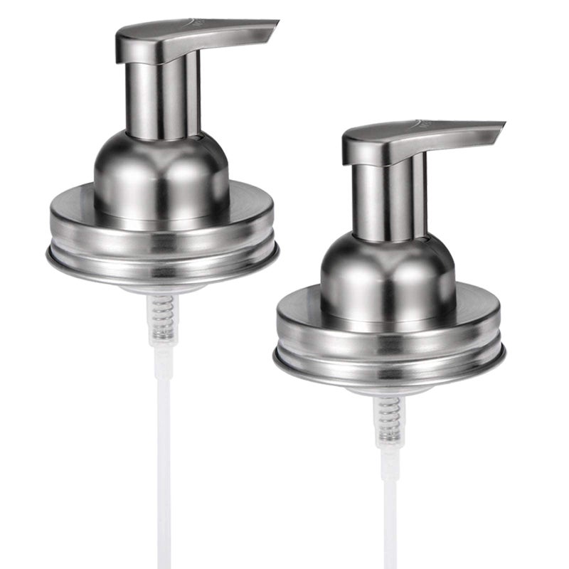 Amolliar Mason Jar Foaming Soap Dispenser Pump Lids Rustproof Stainless Steel Lid Plastic Pump for Regular Mouth Mason Jar Kitchen Bathroom Farmhouse Decor Waterproof Stickers Brushed Nickel 2Pack