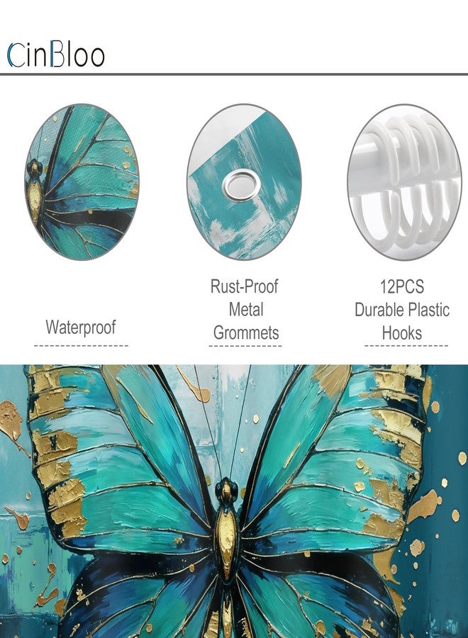 Cinbloo 4Pcs Teal Butterfly Shower Curtain Set, Modern Turquoise Gold Abstract Oil Painting Nature Bathroom Curtain with Rug, Toilet Lid Cover, Bath Mat, Aesthetic Shower Curtain with 12 Hooks - Image 5