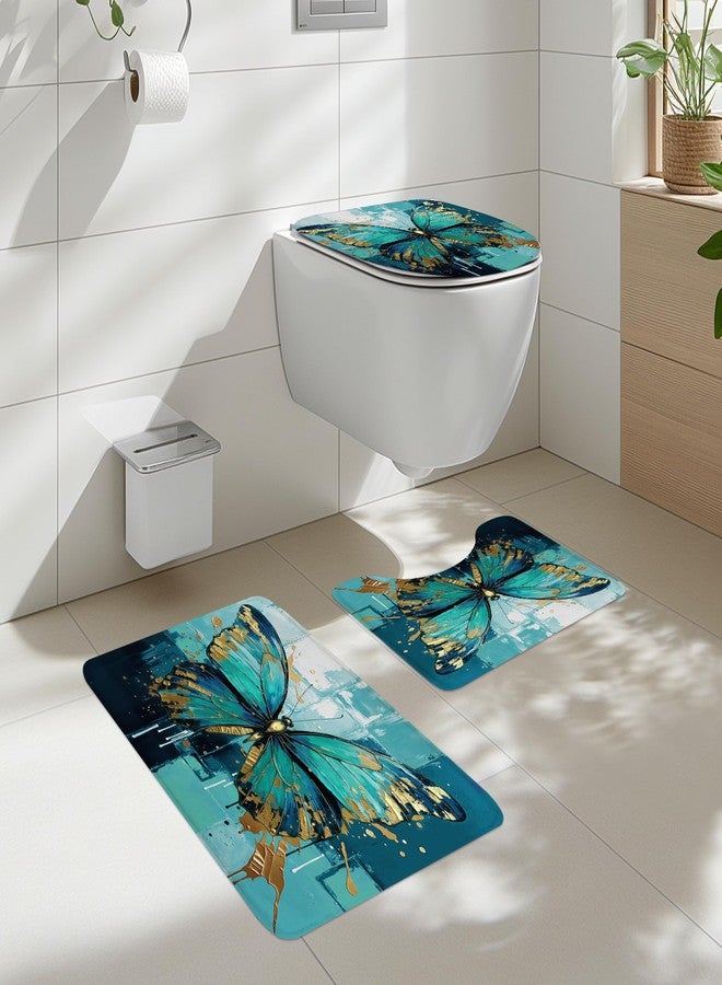 Cinbloo 4Pcs Teal Butterfly Shower Curtain Set, Modern Turquoise Gold Abstract Oil Painting Nature Bathroom Curtain with Rug, Toilet Lid Cover, Bath Mat, Aesthetic Shower Curtain with 12 Hooks - Image 2