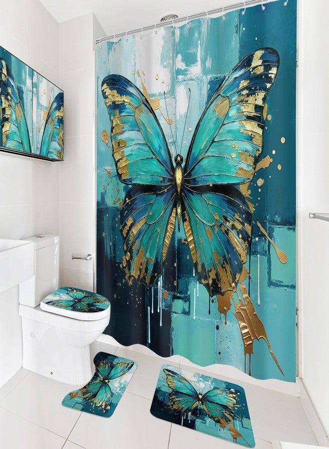 Cinbloo 4Pcs Teal Butterfly Shower Curtain Set, Modern Turquoise Gold Abstract Oil Painting Nature Bathroom Curtain with Rug, Toilet Lid Cover, Bath Mat, Aesthetic Shower Curtain with 12 Hooks - Image 3