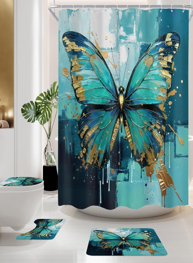 Cinbloo 4Pcs Teal Butterfly Shower Curtain Set, Modern Turquoise Gold Abstract Oil Painting Nature Bathroom Curtain with Rug, Toilet Lid Cover, Bath Mat, Aesthetic Shower Curtain with 12 Hooks - Image 1