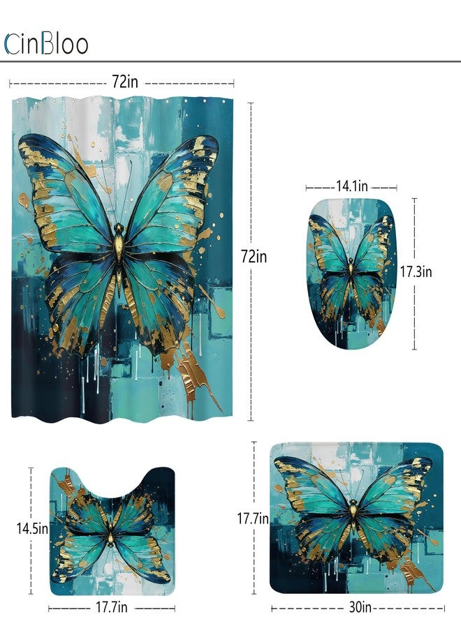 Cinbloo 4Pcs Teal Butterfly Shower Curtain Set, Modern Turquoise Gold Abstract Oil Painting Nature Bathroom Curtain with Rug, Toilet Lid Cover, Bath Mat, Aesthetic Shower Curtain with 12 Hooks - Image 4