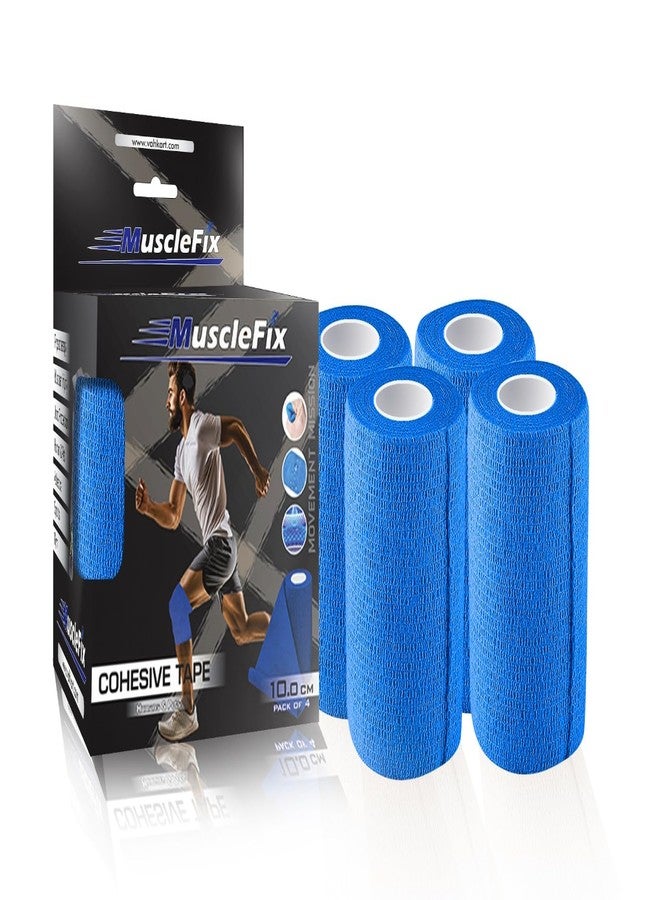MuscleFix® Self Adhesive Cohesive Bandage Wrap 10cm (4.5m) - Breathable Non Woven Athletic Sports Tape for Wrist, Ankle, Swelling & First Aid Medical Use | Flexible & Sweat Resistant | Pack of 4 (Blue) - Image 1