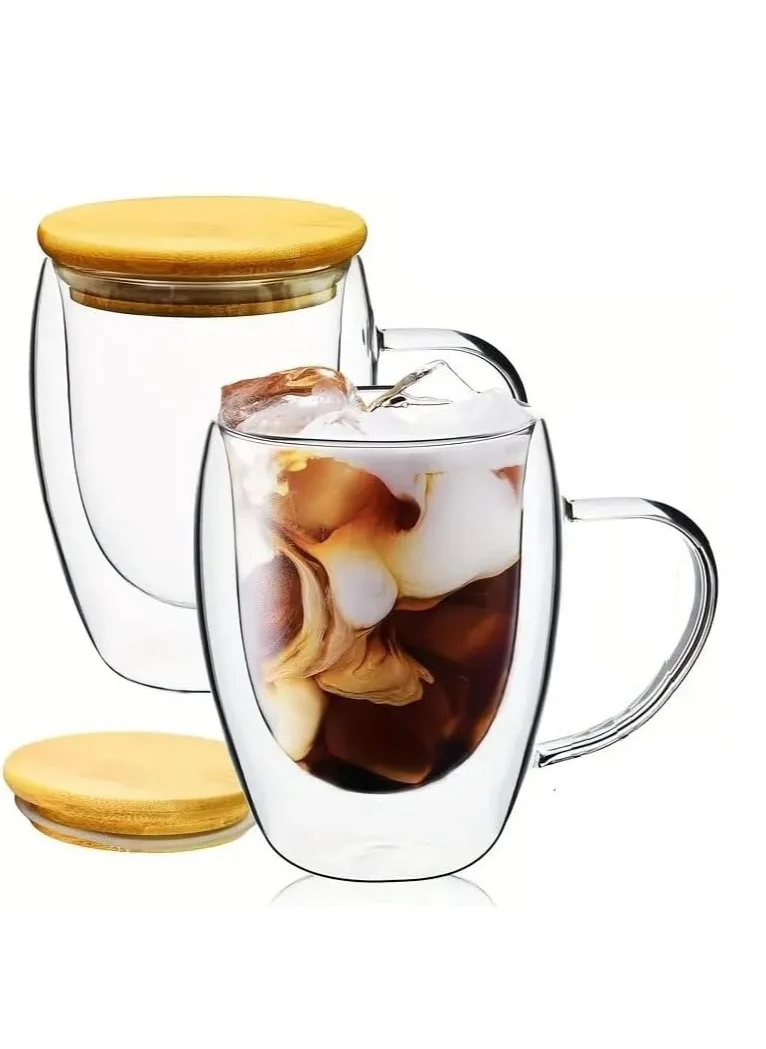 1Chase Double Walled Glass Coffee Cups with Handle and with Bamboo Lid, Insulated Coffee Mugs Perfect for Cappuccino, Macchiato, Latte, Tea, Juice, Iced & Hot Pack Of 2 (350ML)