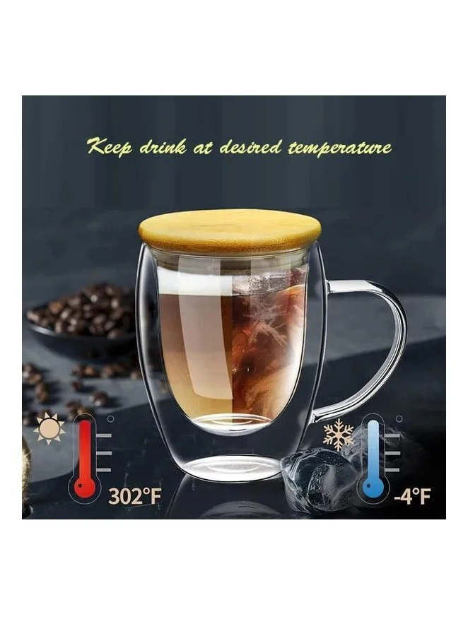 1Chase Double Walled Glass Coffee Cups with Handle and with Bamboo Lid, Insulated Coffee Mugs Perfect for Cappuccino, Macchiato, Latte, Tea, Juice, Iced & Hot Pack Of 2 (350ML)