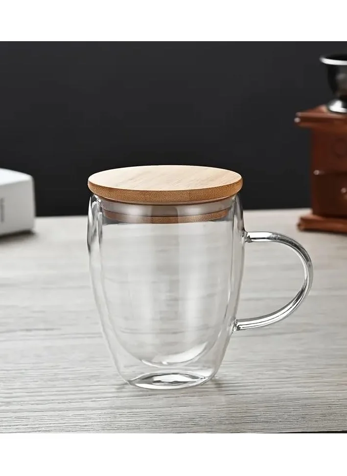 1Chase Double Walled Glass Coffee Cups with Handle and with Bamboo Lid, Insulated Coffee Mugs Perfect for Cappuccino, Macchiato, Latte, Tea, Juice, Iced & Hot Pack Of 2 (350ML)
