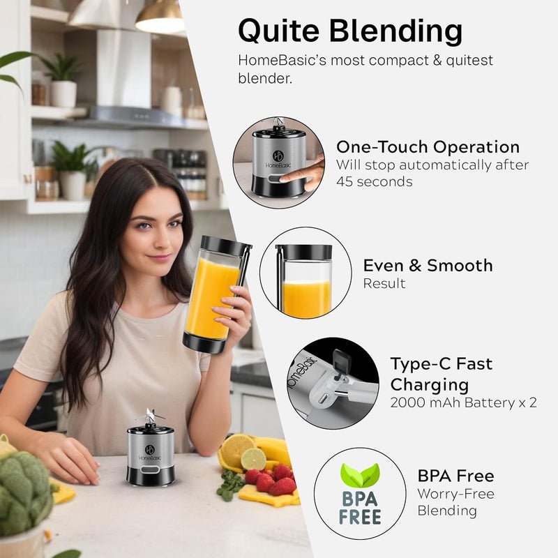 Home Basic خلاط محمول 450 مل زجاجة – محرك 16500 دورة في الدقيقة، بطارية قابلة للشحن USB-C بسعة 4000 مللي أمبير، 6 شفرات من الفولاذ المقاوم للصدأ، صانع عصائر وسموذي مقاوم للتسرب للسفر والصالة الرياضية - Image 4