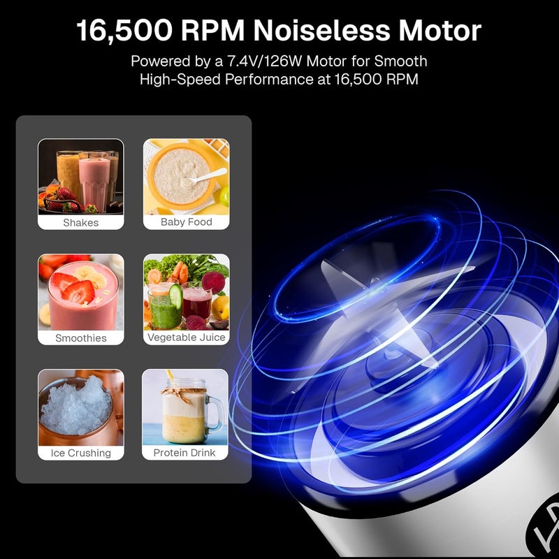 Home Basic خلاط محمول 450 مل زجاجة – محرك 16500 دورة في الدقيقة، بطارية قابلة للشحن USB-C بسعة 4000 مللي أمبير، 6 شفرات من الفولاذ المقاوم للصدأ، صانع عصائر وسموذي مقاوم للتسرب للسفر والصالة الرياضية - Image 3
