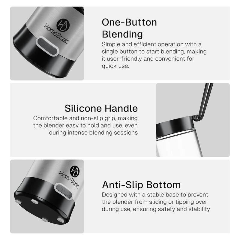 Home Basic خلاط محمول 450 مل زجاجة – محرك 16500 دورة في الدقيقة، بطارية قابلة للشحن USB-C بسعة 4000 مللي أمبير، 6 شفرات من الفولاذ المقاوم للصدأ، صانع عصائر وسموذي مقاوم للتسرب للسفر والصالة الرياضية - Image 5
