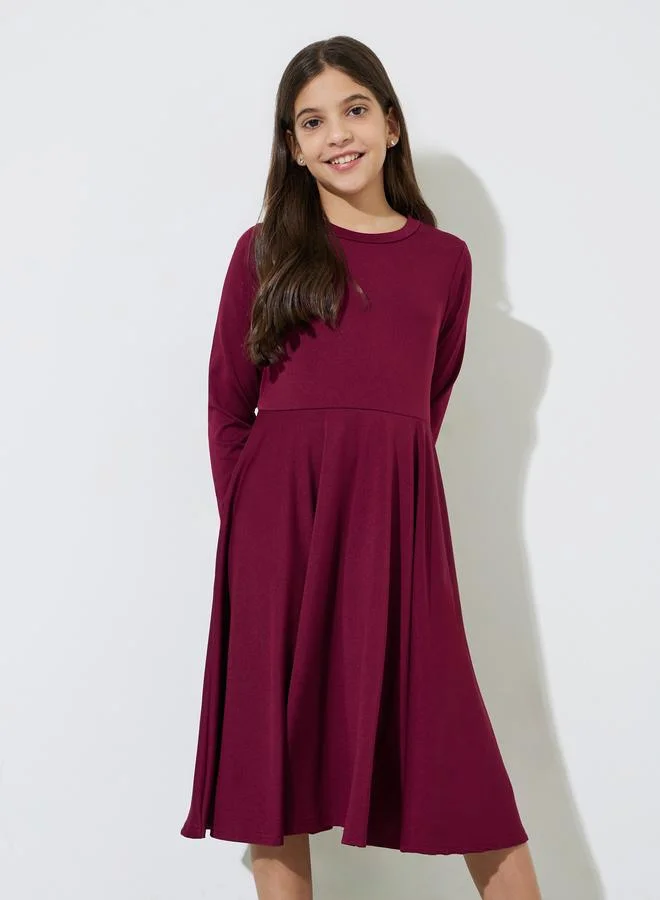 Styli Teen Girls Burgundy Solid Long Sleeves A-Line Midi Dress
