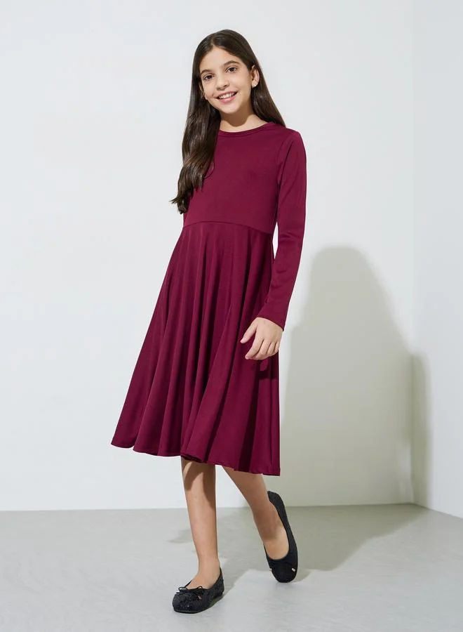 Styli Teen Girls Burgundy Solid Long Sleeves A-Line Midi Dress