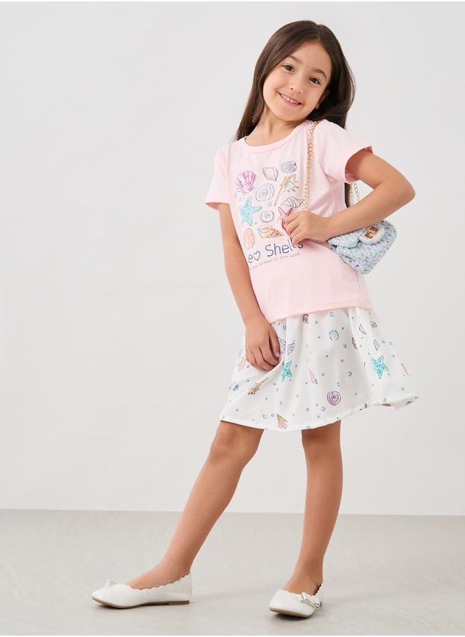 Styli Styli Girls Sea Shell Printed Short Sleeve T-Shirt and Skirt Set  - Image 1