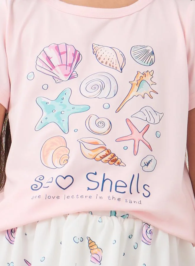 Styli Styli Girls Sea Shell Printed Short Sleeve T-Shirt and Skirt Set