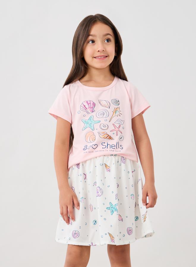 Styli Styli Girls Sea Shell Printed Short Sleeve T-Shirt and Skirt Set  - Image 2