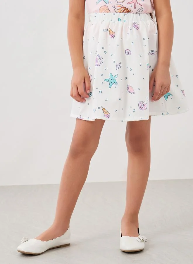 Styli Styli Girls Sea Shell Printed Short Sleeve T-Shirt and Skirt Set