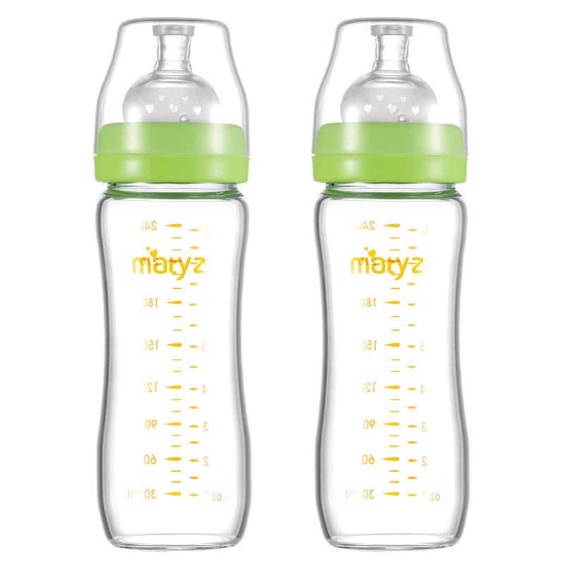 Matyz Glass Breastmilk Baby Feeding Bottle with Nipple, 2 Pack, 8 oz Slim and Light Bottle Easy to Hold, Food Grade Borosilicate Glass, Wide Neck Easy to Clean, No BPA (Green Lids) - Image 1