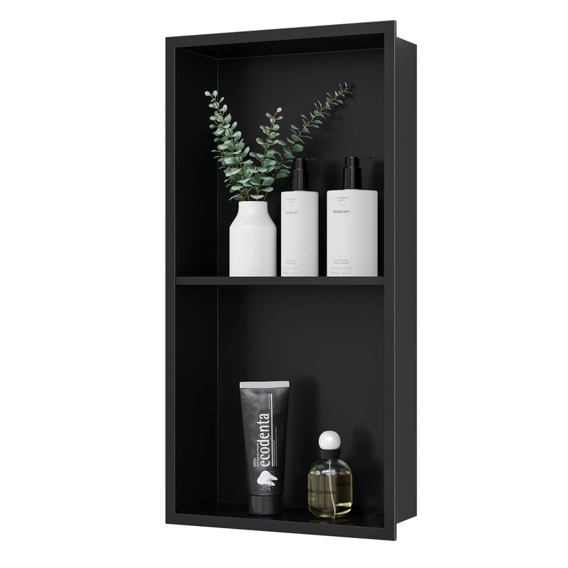 Qeke Stainless Steel Shower Niche 24 X 12 No Tile Needed Wall Niche Double Shelves Recessed Shower Shelf for Bathroom Storage Matte Black