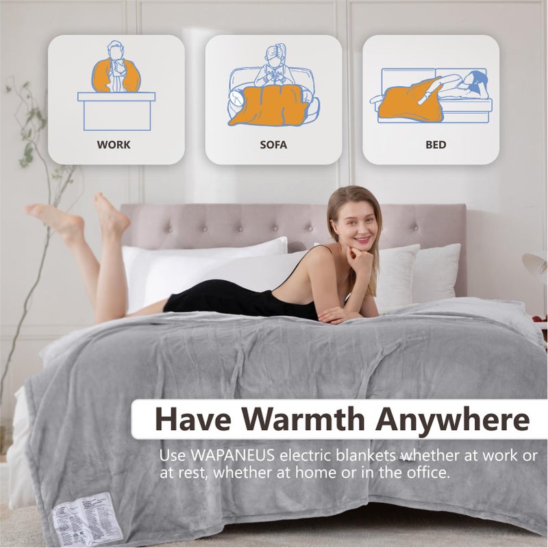Wapaneus Heated Blanket Electric Throw 72" x 84" Full Size with 10 Heating Levels 12 Hours Time Setings and Auto-Shut Off, Flannel Fast-Heating Electric Blanket,Machine Washable,Light Grey - Image 3