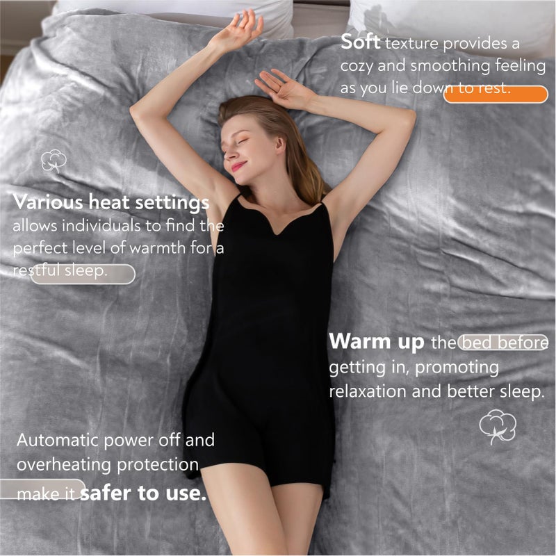Wapaneus Heated Blanket Electric Throw 72" x 84" Full Size with 10 Heating Levels 12 Hours Time Setings and Auto-Shut Off, Flannel Fast-Heating Electric Blanket,Machine Washable,Light Grey - Image 2