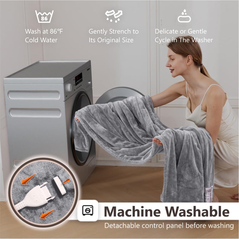 Wapaneus Heated Blanket Electric Throw 72" x 84" Full Size with 10 Heating Levels 12 Hours Time Setings and Auto-Shut Off, Flannel Fast-Heating Electric Blanket,Machine Washable,Light Grey - Image 4