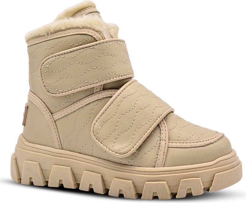 Kids A More Annabel Embroidered Detailed Plush Furry Double Velcro Girls Boots Beige Color - Image 1