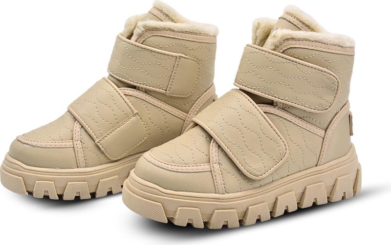 Kids A More Annabel Embroidered Detailed Plush Furry Double Velcro Girls Boots Beige Color - Image 5