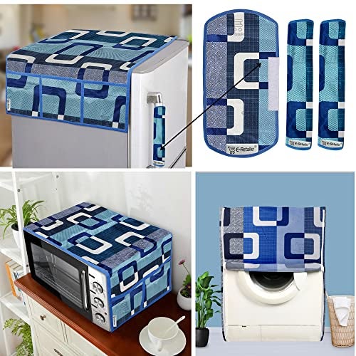 E-Retailer® Exclusive 3-Layered Polyester Combo Set of Appliances Cover (1 Pc. Fridge Top Cover, 3 Pc. Handle Cover, 1 Pc. of Microwave Oven Top Cover and 1 Pc. Front Load Washing Machine Cover) (Color-Blue, Design-Geometric, Set Contains-6 Pcs. ) - Image 1