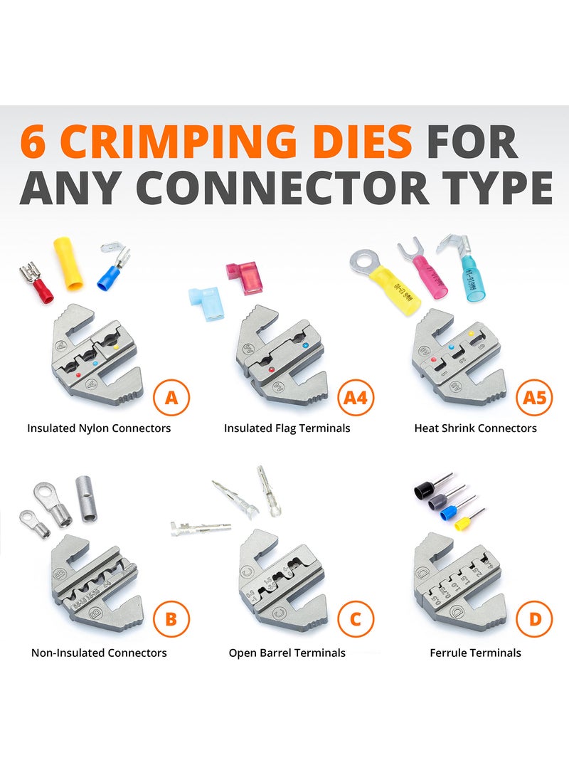 Wirefy Crimping Tool Set 8 PCS - Ratcheting Wire Crimper - Heat Shrink, Non-Insulated, Open Barrel, Flag, Ferrule Connectors