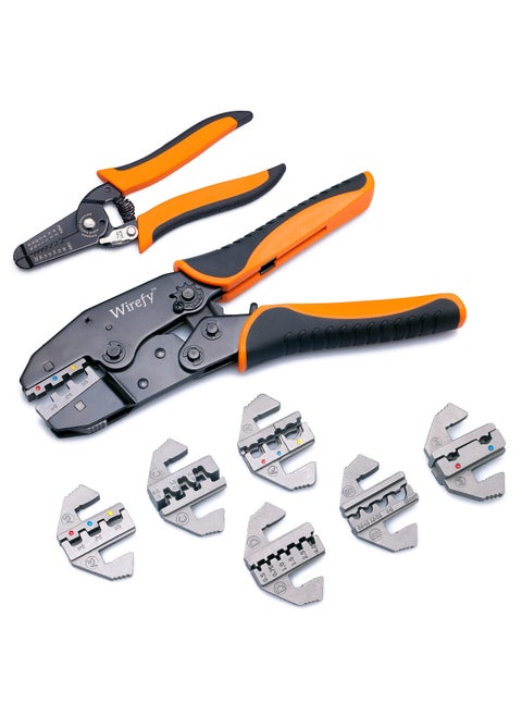 Wirefy Crimping Tool Set 8 PCS - Ratcheting Wire Crimper - Heat Shrink, Non-Insulated, Open Barrel, Flag, Ferrule Connectors