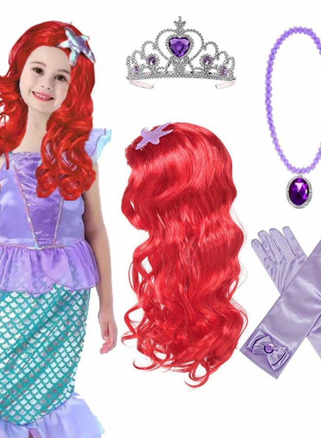 Yosbabe Princess Mermaid Wig Ariel Braid with Princess Tiara Necklace Gloves Not Including Dress Princess Mermaid Ariel Dress Up Halloween Costume Cosplay Accessories for Kids Girls (purple1) - Image 2