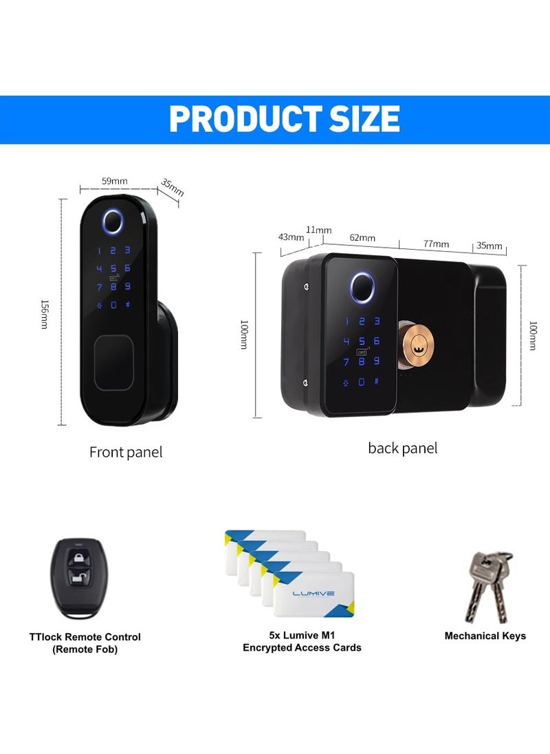 LUMIVE - Lumive SafeGuard GT15, a Weatherproof Smart Rimlock Lock, Comes with Fingerprint Entry, Passcodes, App Unlock, 5 Cards, and  TTlock FOB Remote Fits Doors 30-60mm(Supports Remote Unlock, Hub Required) - Image 1
