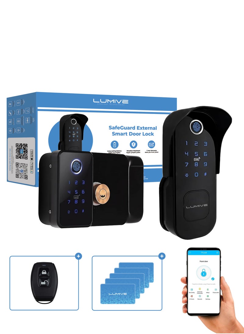 LUMIVE - Lumive SafeGuard GT15, a Weatherproof Smart Rimlock Lock, Comes with Fingerprint Entry, Passcodes, App Unlock, 5 Cards, and  TTlock FOB Remote Fits Doors 30-60mm(Supports Remote Unlock, Hub Required) - Image 1