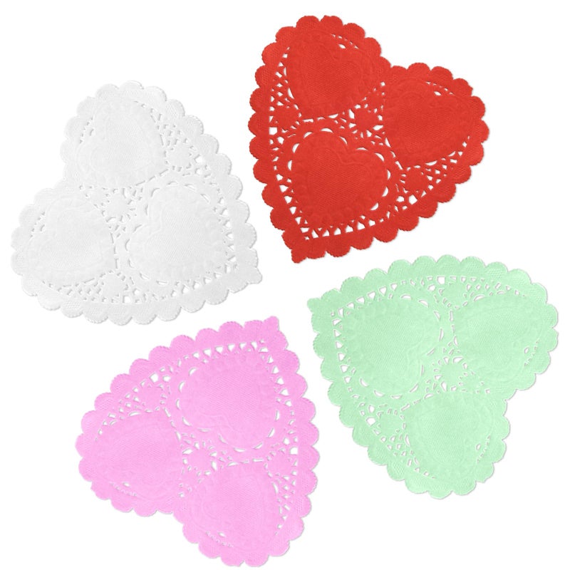 ANPUNAT 150 Pcs Valentine Heart Doilies 4Inch Heart Shape Paper Doily with 4 Colors Red Pink Light Green and White for Valentine's Mother's Day Wedding Favor Party Decorations - Image 1