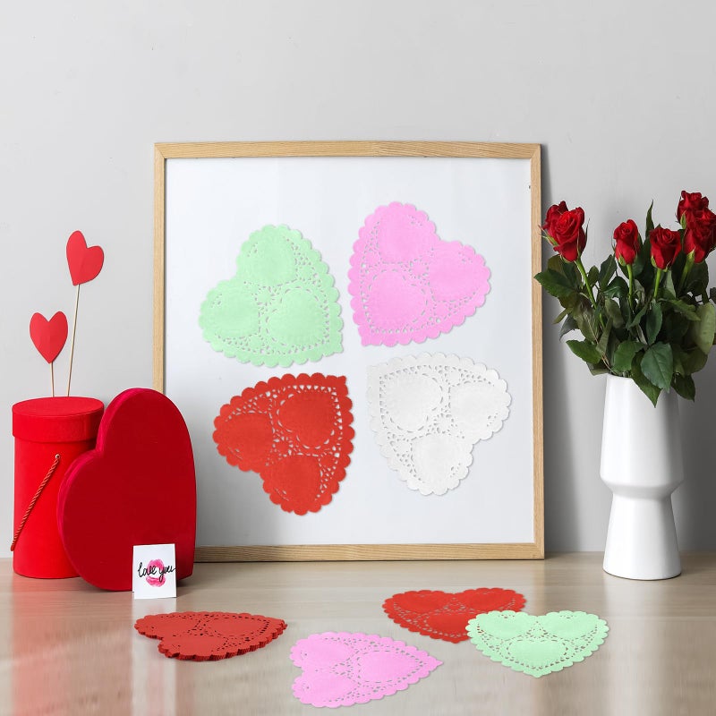 ANPUNAT 150 Pcs Valentine Heart Doilies 4Inch Heart Shape Paper Doily with 4 Colors Red Pink Light Green and White for Valentine's Mother's Day Wedding Favor Party Decorations - Image 5