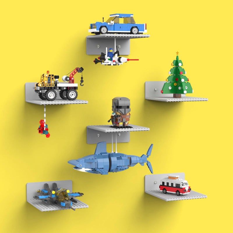 BlissBox 6-Pack Floating Display Shelves for Wall Compatible with Lego Building Bricks, 5 Ã— 5.5 Inch Dual-Sided 16 Ã— 17 Studs for Brick Storage and Display, ABS Display Shelf for Room Decor, Gray - Image 1