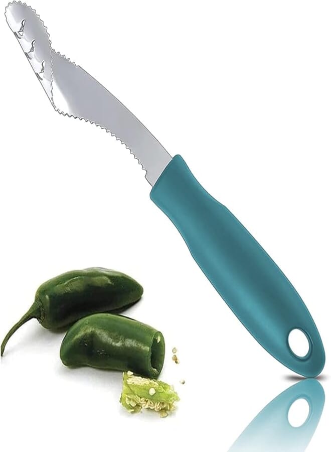 FIOTOK Jalapeno Pepper Corer, Stainless Steel Chili Corer Remover kitchen Tool with Serrated Slice and Rubber Handle Easily Seed Remover or Slice off Vegetables Peppers tops-Green