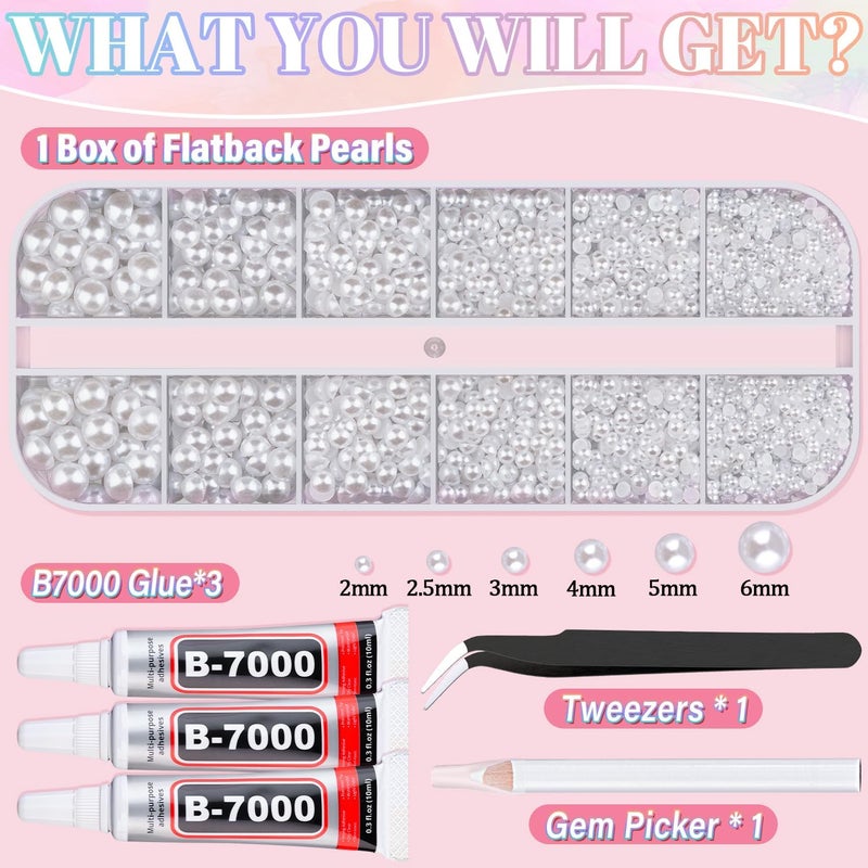 TINKRSTUFF لؤلؤ ذو ظهر مسطح للحرف اليدوية مع 3 قطع 10 مل غراء مجوهرات B7000، صندوق واحد من اللؤلؤ نصف الدائري الأبيض، خرز التزيين للحرف اليدوية DIY والملابس والأكواب والأحذية والزينة وفن الأظافر - Image 2