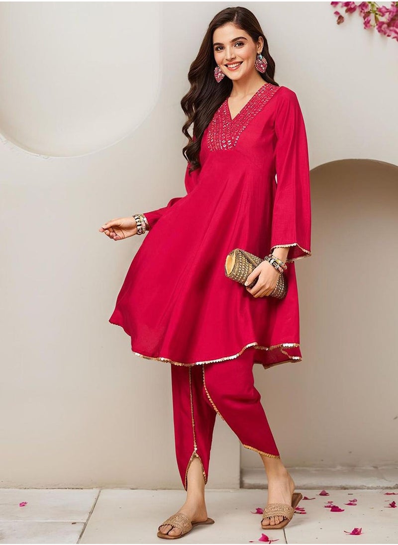ISHIN Women's Pink 100% Cotton Self Design Full Length Palazzo Kurta Set  - Image 1