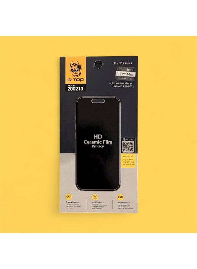 S-TOP Ceramic Privacy Screen Protector for iPhone 17 Pro Max – Scratch & Shock Protection