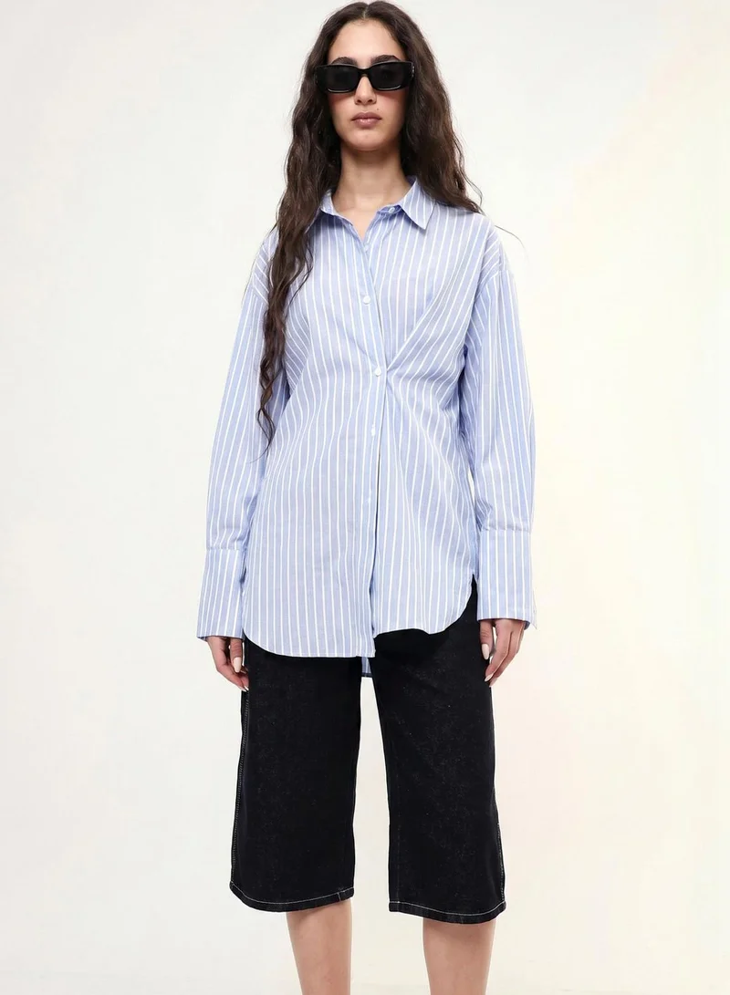 دينيس لينغو Women Blue Poly Striped Button Down Oversized Shirt