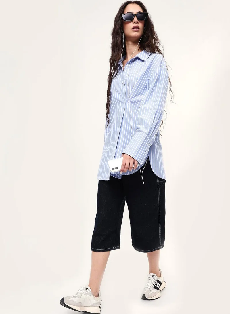 دينيس لينغو Women Blue Poly Striped Button Down Oversized Shirt