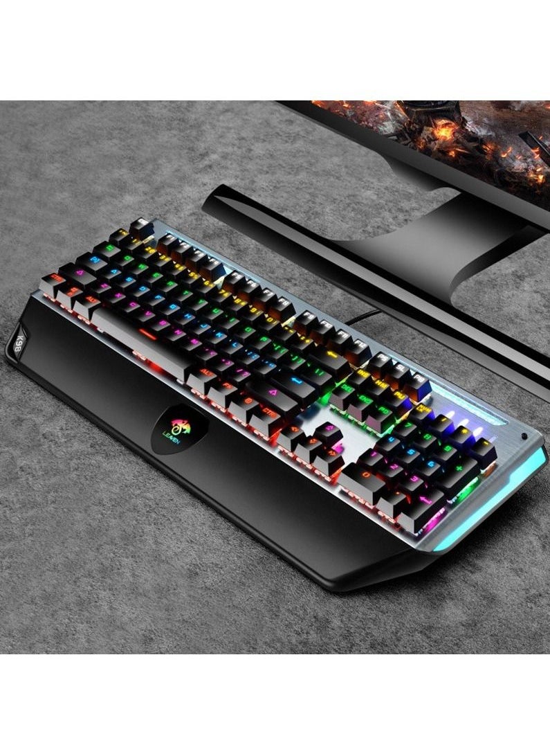 LEAVEN - Wired Metal Mechanical Keyboard Aluminium Panel with Mixed Colour Backlight Hand Rest Waterproof Keycaps USB 26 Key Rollover Desktop Keyboards Blue Switches - Image 1