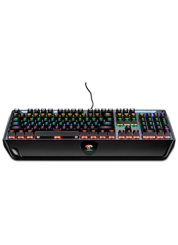 LEAVEN - Wired Metal Mechanical Keyboard Aluminium Panel with Mixed Colour Backlight Hand Rest Waterproof Keycaps USB 26 Key Rollover Desktop Keyboards Blue Switches - Image 1