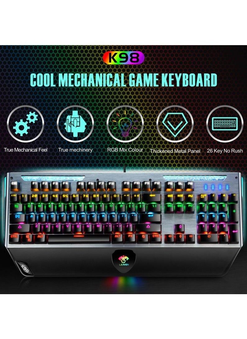 LEAVEN - Wired Metal Mechanical Keyboard Aluminium Panel with Mixed Colour Backlight Hand Rest Waterproof Keycaps USB 26 Key Rollover Desktop Keyboards Blue Switches - Image 1