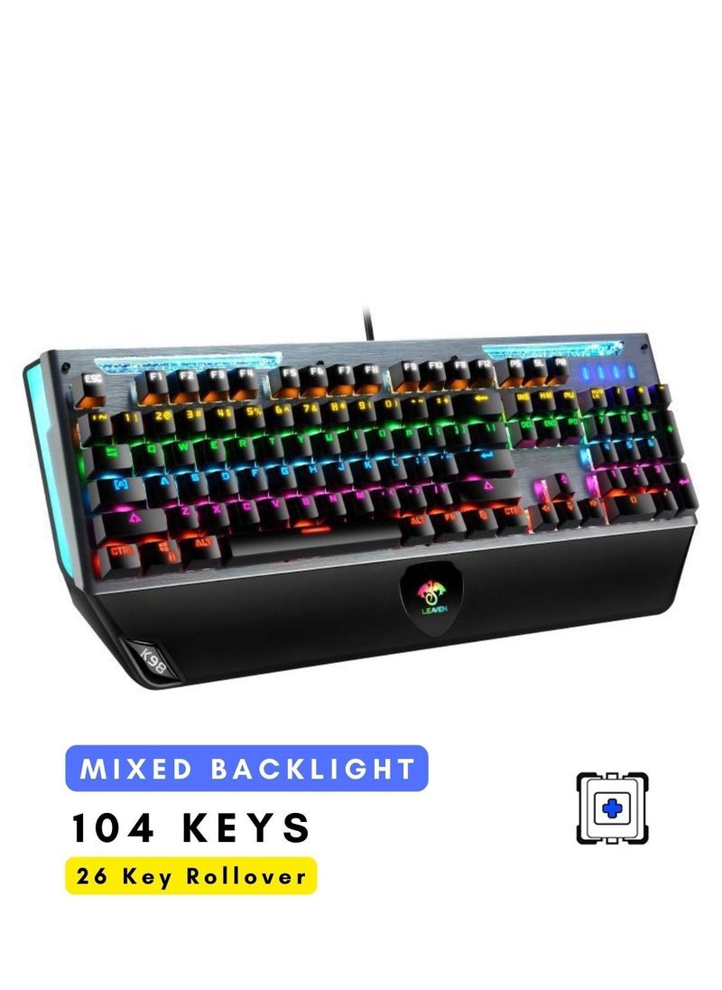 LEAVEN - Wired Metal Mechanical Keyboard Aluminium Panel with Mixed Colour Backlight Hand Rest Waterproof Keycaps USB 26 Key Rollover Desktop Keyboards Blue Switches - Image 1