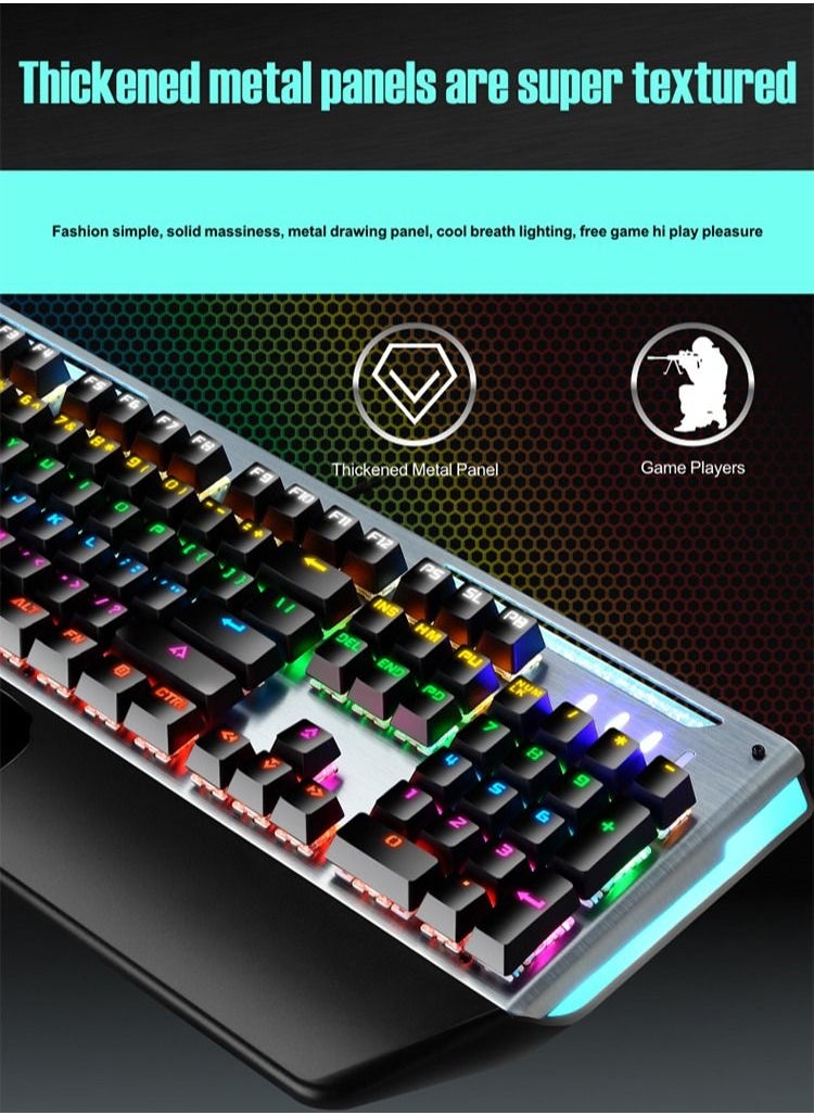 LEAVEN - Wired Metal Mechanical Keyboard Aluminium Panel with Mixed Colour Backlight Hand Rest Waterproof Keycaps USB 26 Key Rollover Desktop Keyboards Blue Switches - Image 1
