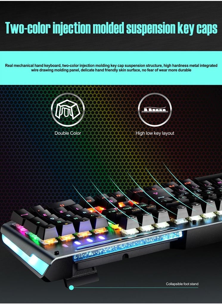 LEAVEN - Wired Metal Mechanical Keyboard Aluminium Panel with Mixed Colour Backlight Hand Rest Waterproof Keycaps USB 26 Key Rollover Desktop Keyboards Blue Switches - Image 1