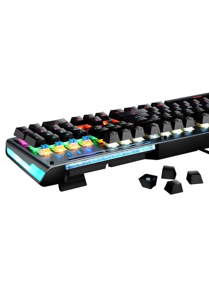 LEAVEN - Wired Metal Mechanical Keyboard Aluminium Panel with Mixed Colour Backlight Hand Rest Waterproof Keycaps USB 26 Key Rollover Desktop Keyboards Blue Switches - Image 1