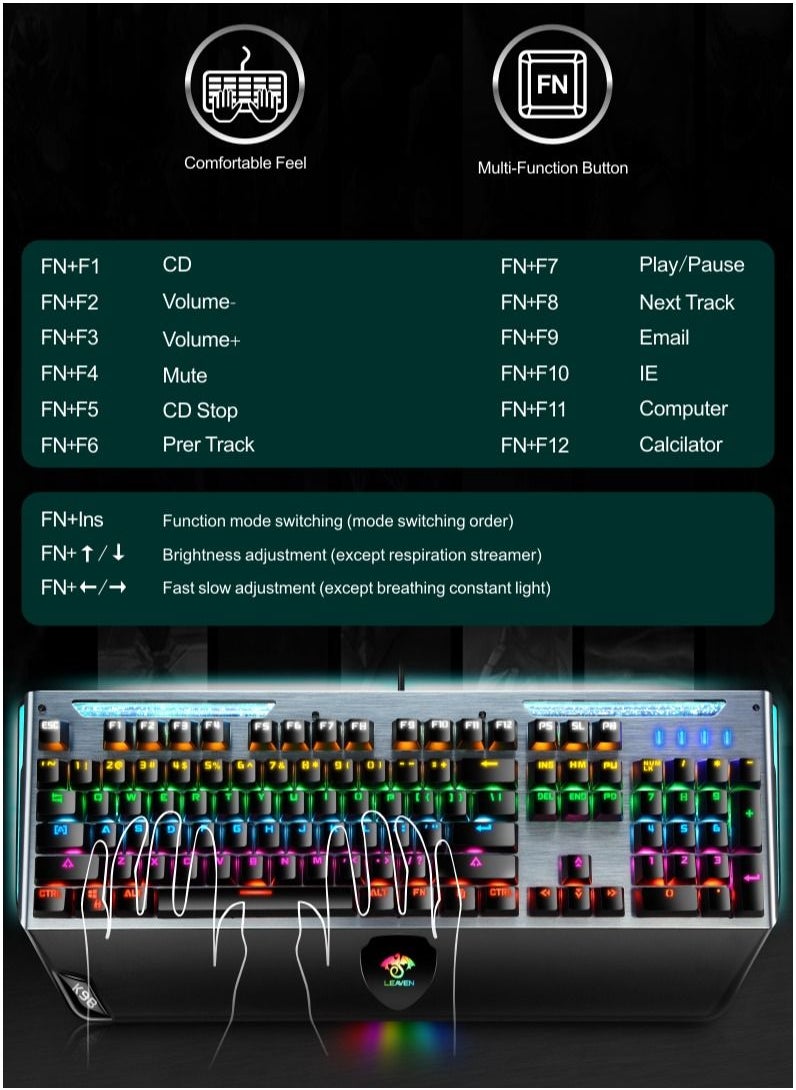 LEAVEN - Wired Metal Mechanical Keyboard Aluminium Panel with Mixed Colour Backlight Hand Rest Waterproof Keycaps USB 26 Key Rollover Desktop Keyboards Blue Switches - Image 1